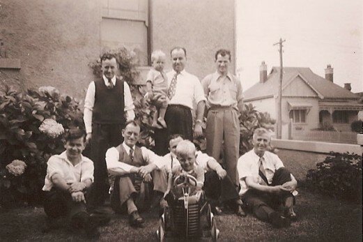 The Albanian Uncles with Gani (John) Mehmet, Peter & Murray. Northcote c 1954.